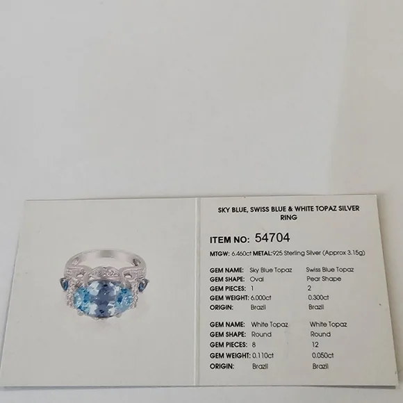 Sky & Swiss Blue Topaz Sterling Silver  with Certificate of Authenticity Sz 7! - Picture 12 of 16